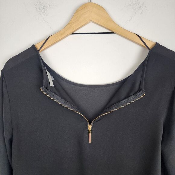 Apology London Black Top Blouse Back Gold Zip High-low Roll-tab Sleeve Size S - Picture 6 of 14